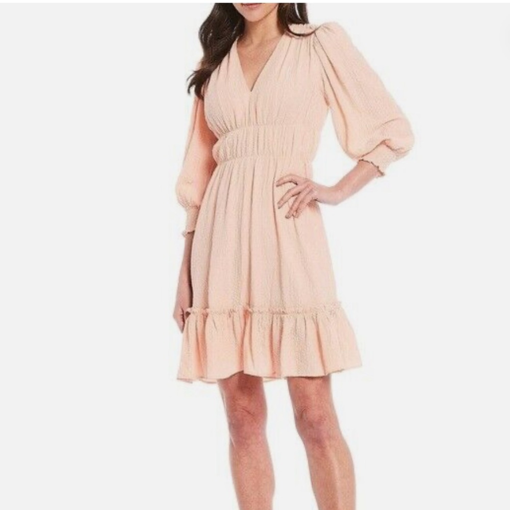 Calvin Klein Size 6 Peach ​Crinkle Gauze Ruffle Dress 3/4 Sleeve Fit Flare